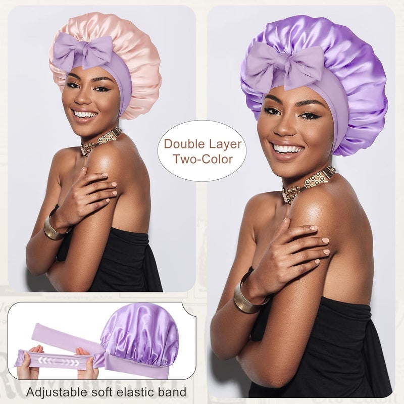 CHLINS Satin Bonnet Silk Bonnet for Sleeping Silk Sleep Cap Double Layer Hair Bonnet with Elastic Tie Band for Curly Hair Night Cap - Image 2